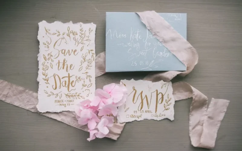Stylish wedding invitation set with calligraphy, featuring RSVP and floral elements.