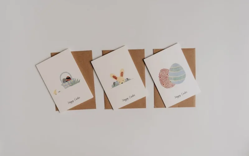 Four delightful Easter greeting cards with envelopes on a white background.