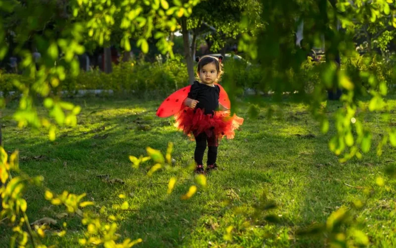 Cute toddler dressed as a ladybug posing outdoors amidst greenery and sunlight.