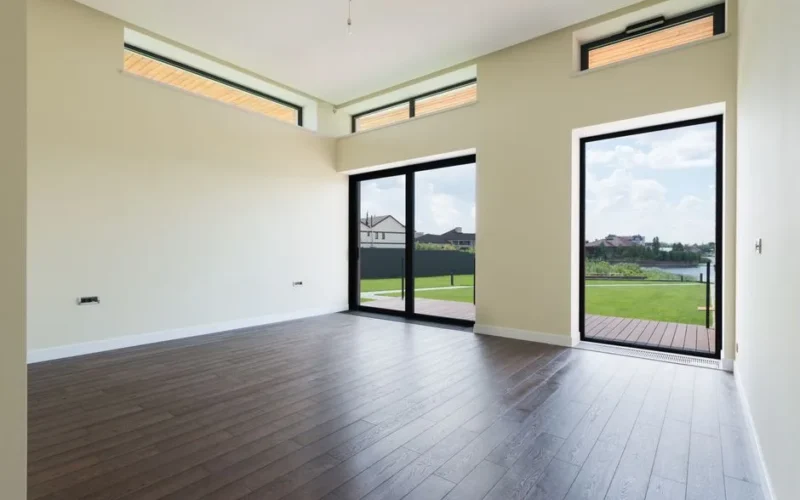 Interior of spacious room with wooden laminate floor big windows and glass door viewing terrace and green lawn
