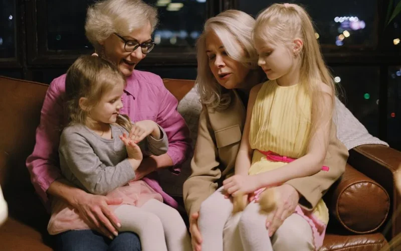 A warm family moment indoors with two grandmothers and two granddaughters sitting together on a sofa.