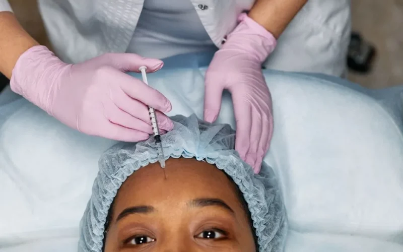 Close-up view of a botox injection being administered to a woman's forehead, representing modern cosmetology.