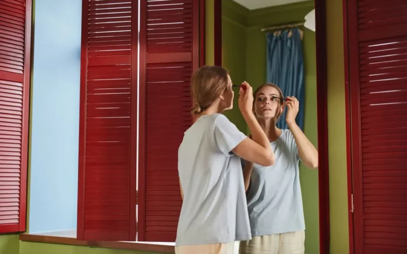 Woman applying mascara in front of a mirror with red shutters reflecting her image indoors.