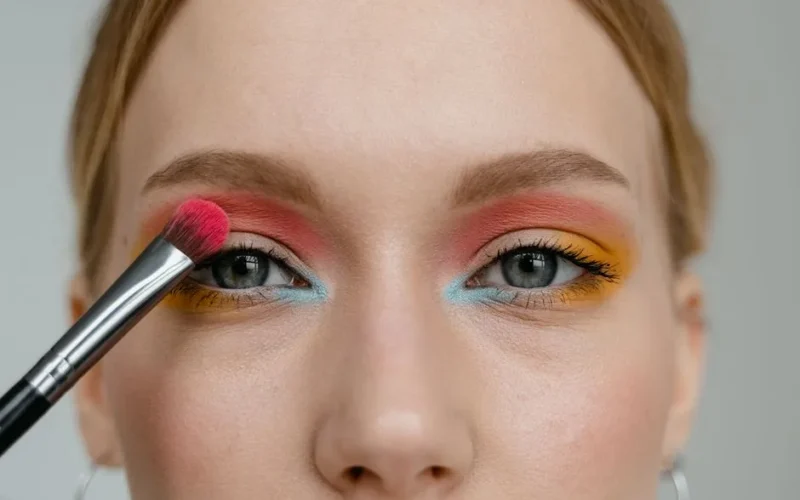 A woman applying vibrant multicolored eye makeup with a brush, showcasing artistry and precision.