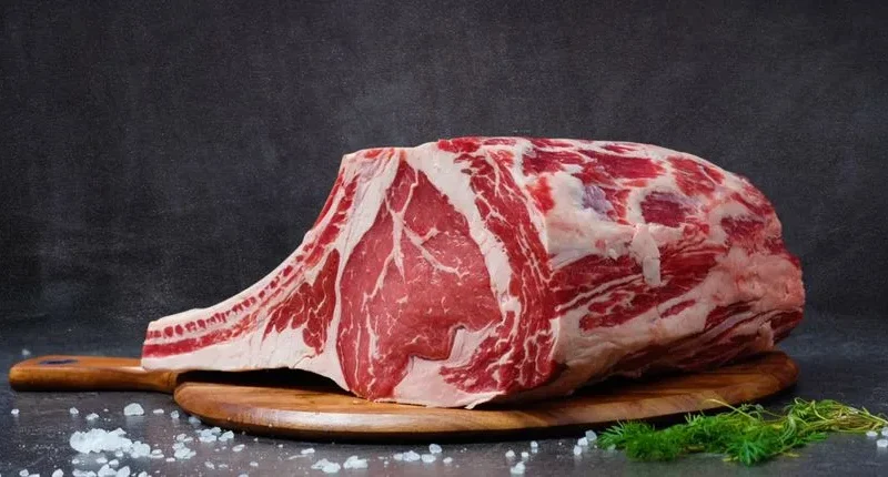 High-quality raw ribeye beef on a wooden board, perfect for gourmet cooking.