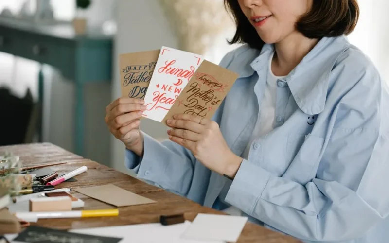 Woman holding greeting cards for holidays like Father's Day and New Year's.