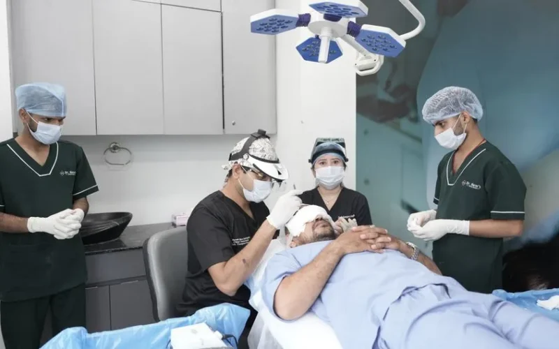 Medical professionals conducting a hair transplant in a clinic setting.