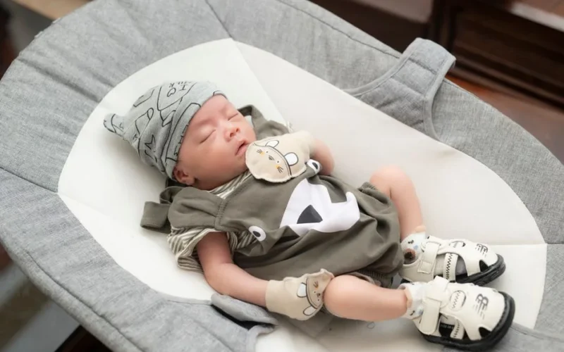 A peaceful newborn baby sleeping in a soft, cushioned cradle, dressed in cute animal-themed attire.