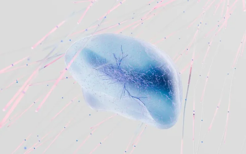 A 3D rendering of a neural network with abstract neuron connections in soft colors.