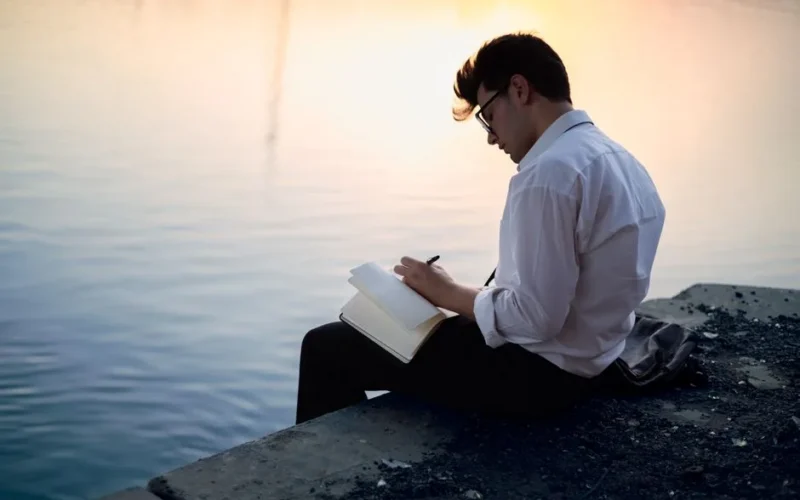 Man in white shirt writing in a notebook by the water at sunset, creating a serene and contemplative scene.