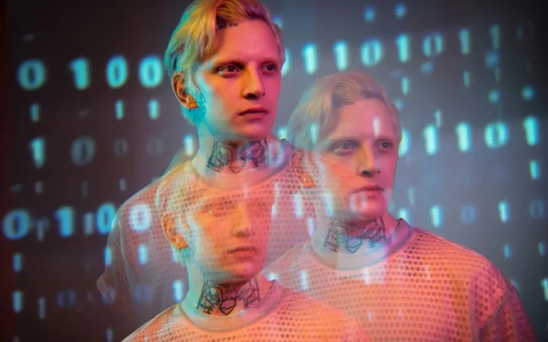 Creative portrait of a man with digital binary overlay, showcasing a modern artistic style.