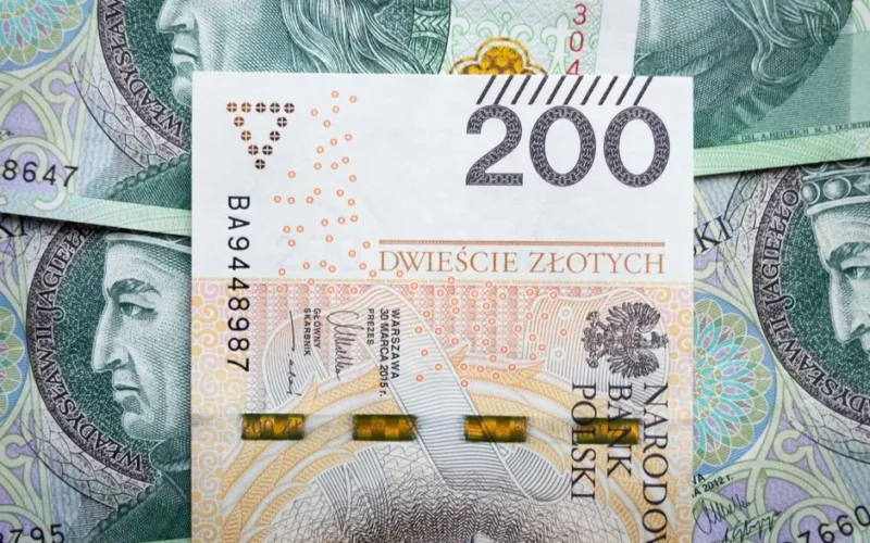 Detailed view of Polish 200 Zloty banknotes for financial and economic subjects.