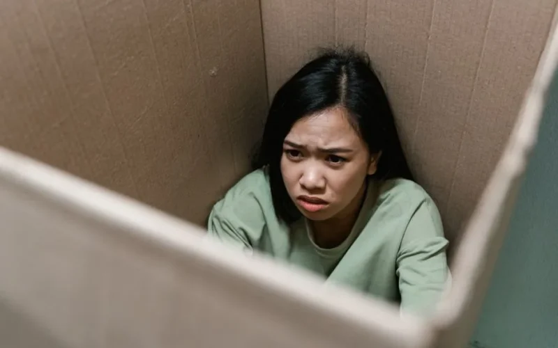 A woman inside a cardboard box showing a distressed expression, symbolizing anxiety or claustrophobia.