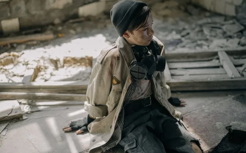 A young boy with a gas mask rests in a desolate, abandoned urban environment.