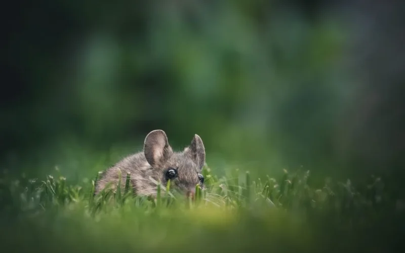 Cute mouse peeking through grass in a lush garden, capturing a sense of curiosity and nature's charm.