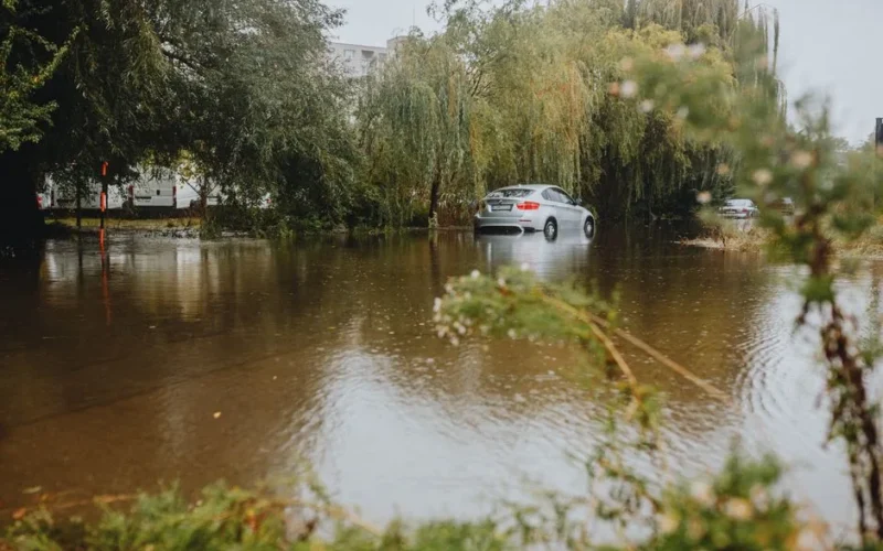A car struggles through a flooded street surrounded by trees after a heavy rainstorm.