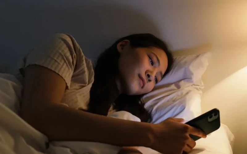 An adult woman lying in bed using a smartphone, illuminated by warm bedside lighting.