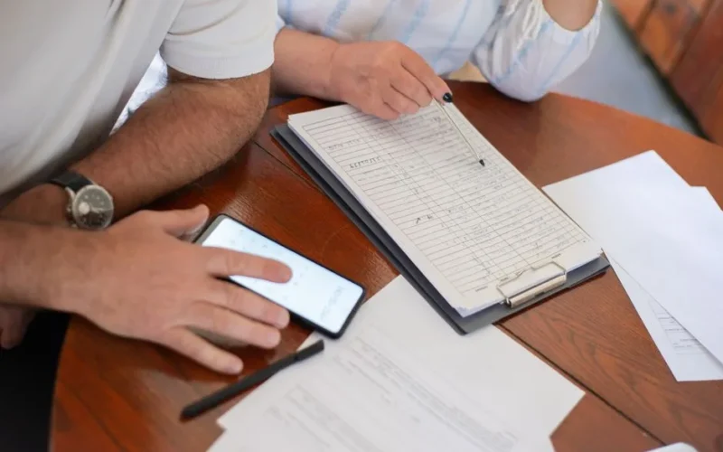 Senior couple examining bills and documents with smartphone and clipboard at home.