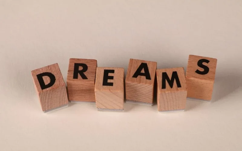 Wooden blocks arranged to spell 'DREAMS' against a soft neutral backdrop, symbolizing ambition.