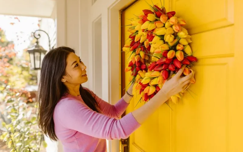 A woman hangs a vibrant floral wreath on a bright yellow door, symbolizing spring decor.