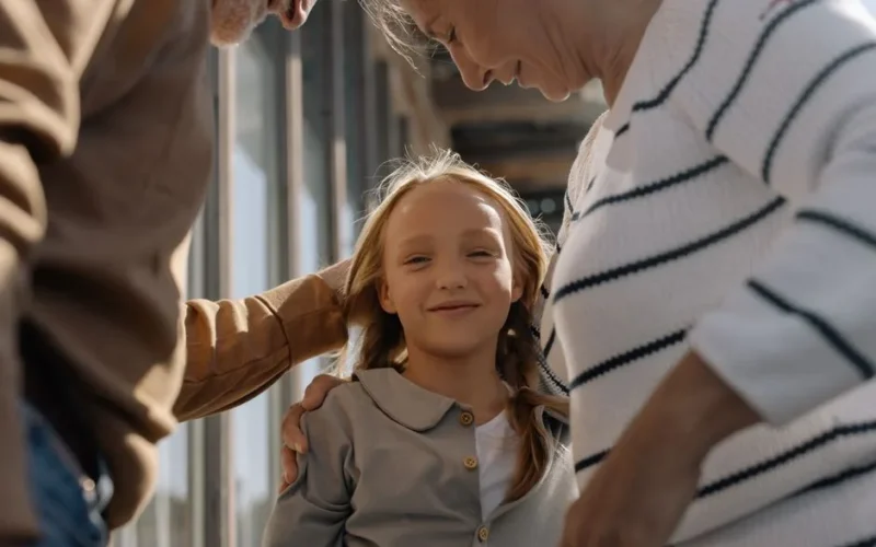 A joyful girl embraced by her loving grandparents, smiling and bonding together.