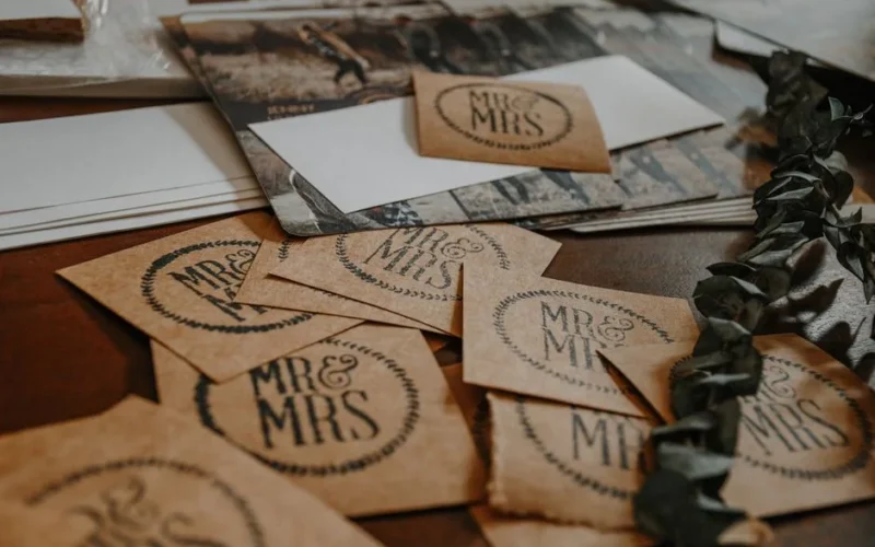 A collection of rustic wedding invitation cards with 'Mr & Mrs' text on a wooden table.