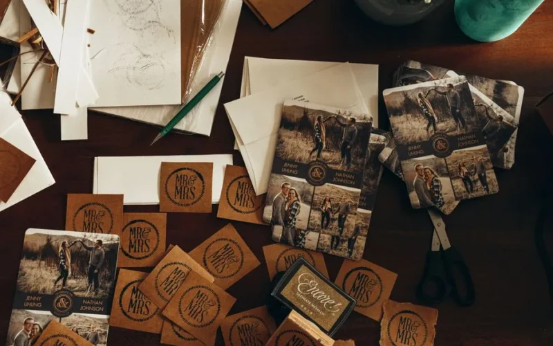 Flat lay of rustic wedding invitation set with photos and decorations on a wooden table.