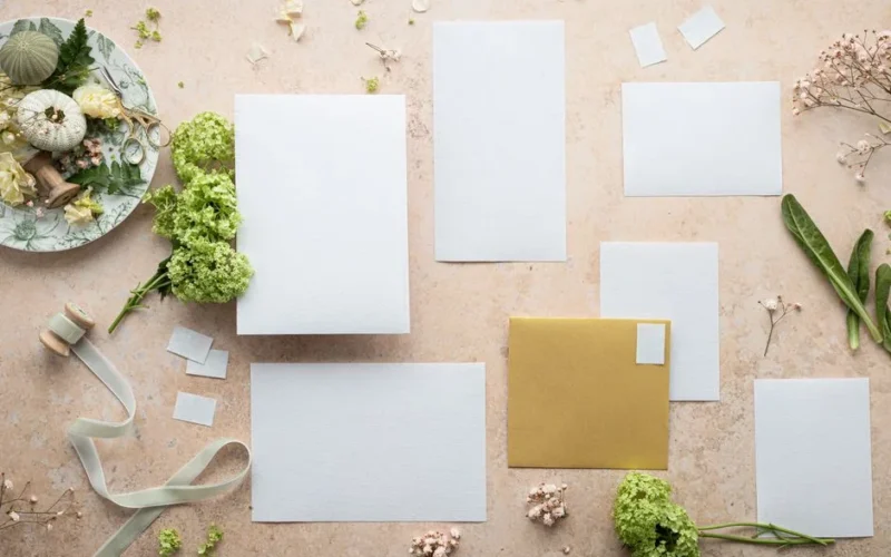 Minimalistic flat lay of stationery with greenery and flowers, perfect for wedding invitations or crafts.