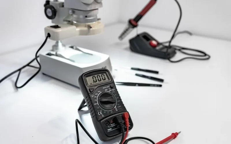 Electronics workbench with multimeter, microscope, and soldering iron.