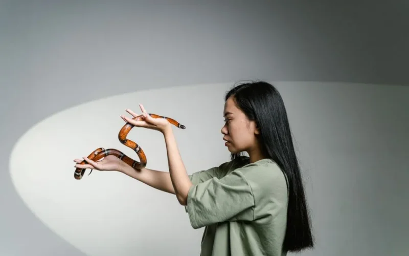 A woman confronting her fear by holding a snake, symbolizing overcoming anxiety.